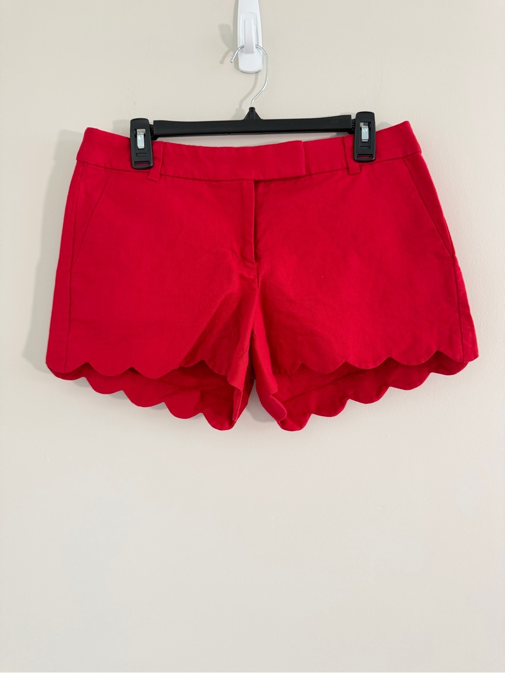 J Crew Scalloped Hem Linen Blend Shorta Womens 8 Red Summer Resort Stretch Chic - Picture 2 of 9